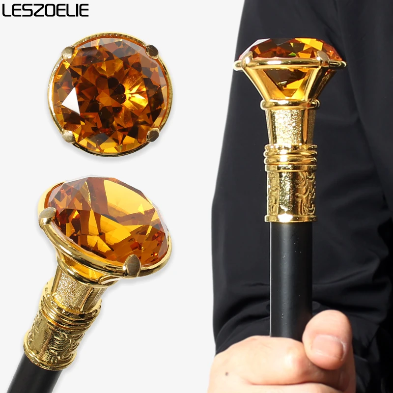 عصا المشي الماسية ذات اللون الكهرماني بمقبض ذهبي مع عصي تزيين عصرية للرجال والنساء من الكريستال الماسي البرتقالي