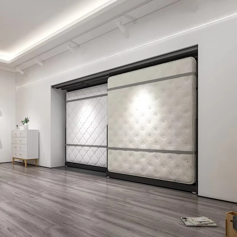 

&c Custom Horizontal Pushing Rubber Mattress Sample Holder Sliding Metal Rotating Folding Mattress Rack Stand for Showroom