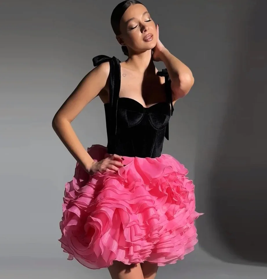 New Modern Short Prom Dress Straps Sweetheart Tiered Tulle Bow Top Velvet Homecoming Party Graduation Cocktail Birthday Gowns