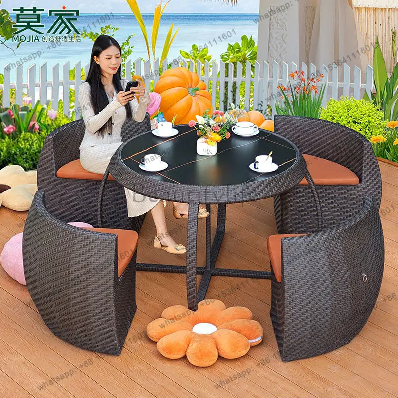 Outdoor rattan tables and chairs Garden garden can store sunscreen waterproof tables and chairs
