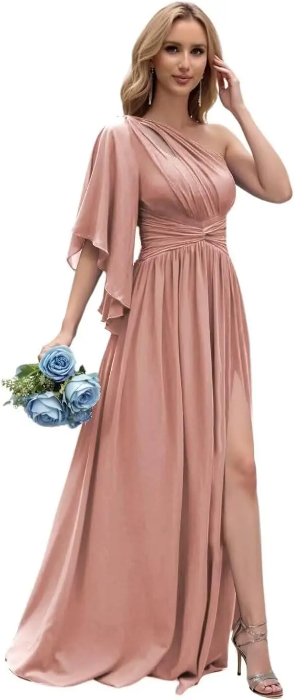

One Shoulder Bridesmaid Dresses 2025 Ruffled Chiffon Pleated Formal Evening Gowns with Slit Prom Dress Party Graduation Dress
