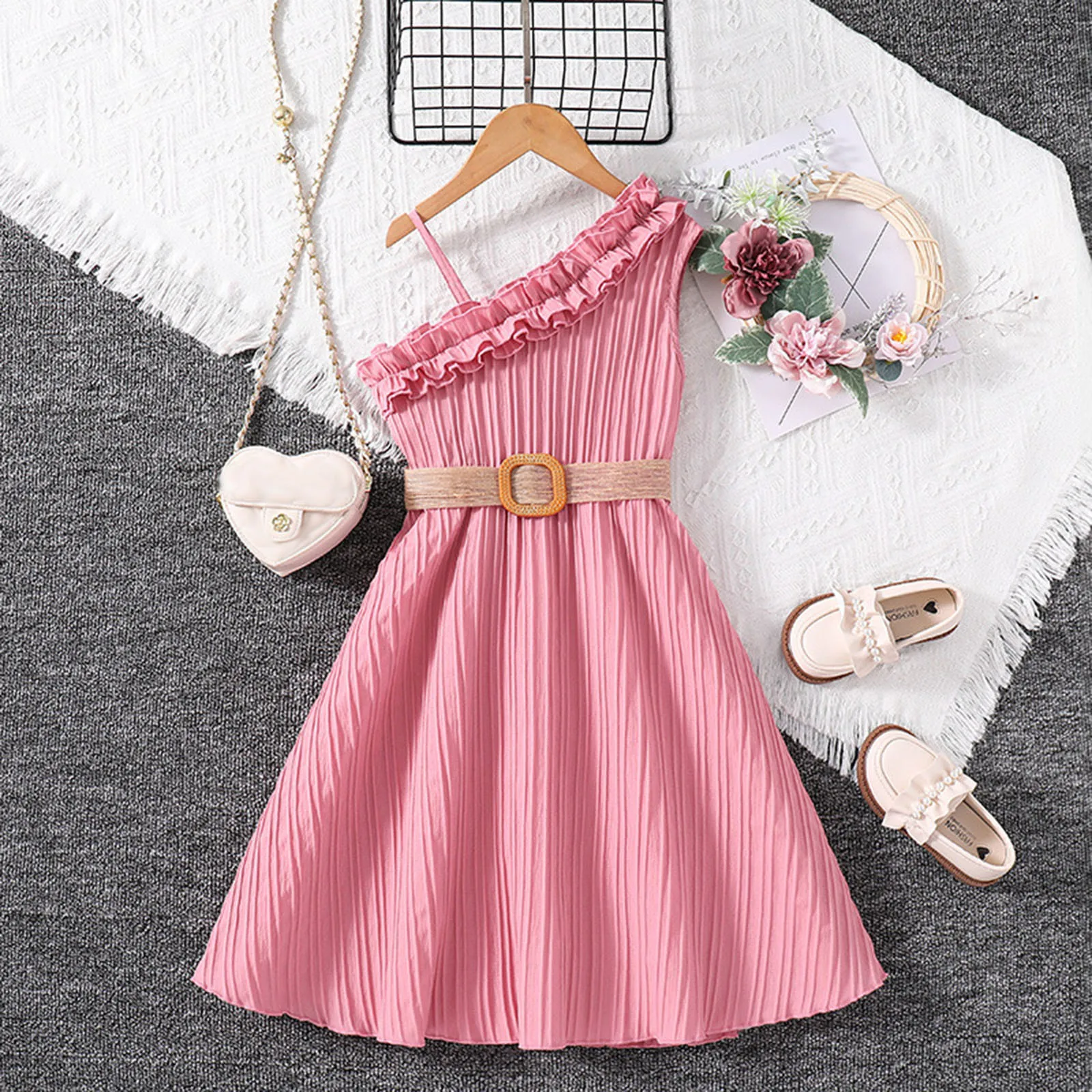 2024 New Summer Girls Dress Long Length Elegant Teenager Girl Clothes Beach Sundress with Belt Strap Ruffles Kid Outfit Children