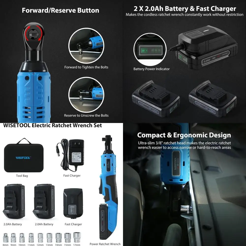 

3/8 Cordless Ratchet Wrench Set with 2x2000mAh Batteries, 60N.m Max Torque, Variable Speed