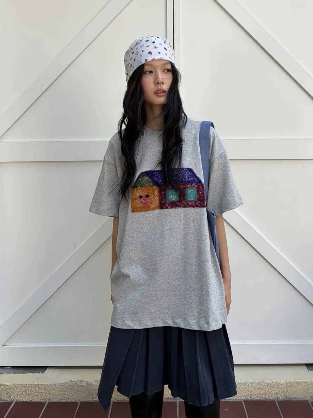 Yuxiao Tu Korean Style Vintage House Graffiti Print Loose Fit Pure Cotton Heavyweight Short Sleeve T-Shirt for Women