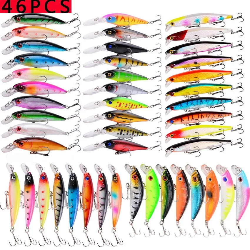 46PCS Fishing Lures Set Sinking Minnow Wobblers Plastic Artificial Baits With Hook For Bass Pike Carp Swimbait Tackle