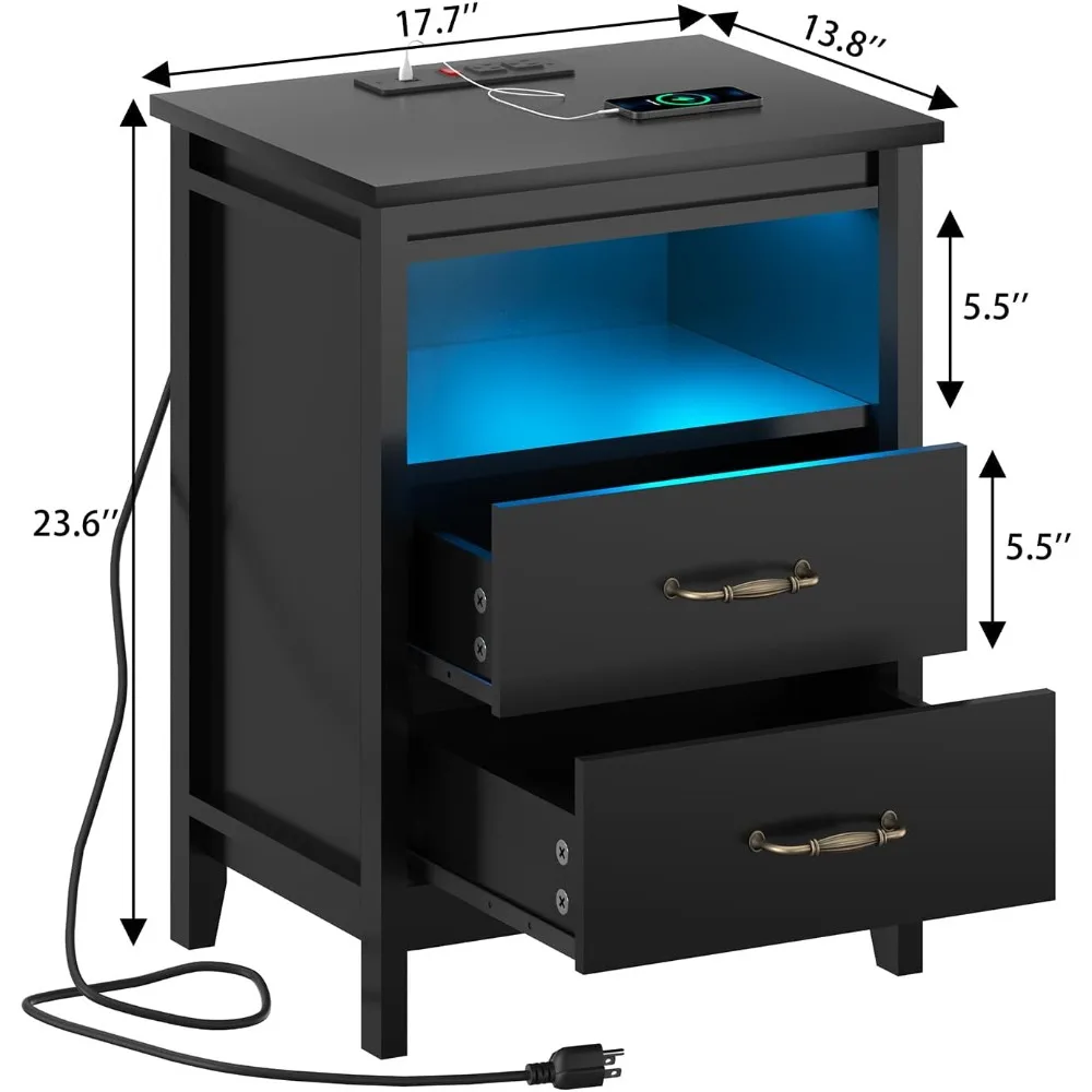 โต๊ะข้างเตียงพร้อมแท่นชาร์จและไฟ LED โต๊ะข้างเตียง2ลิ้นชักและชั้นวางของสำหรับห้องนอน