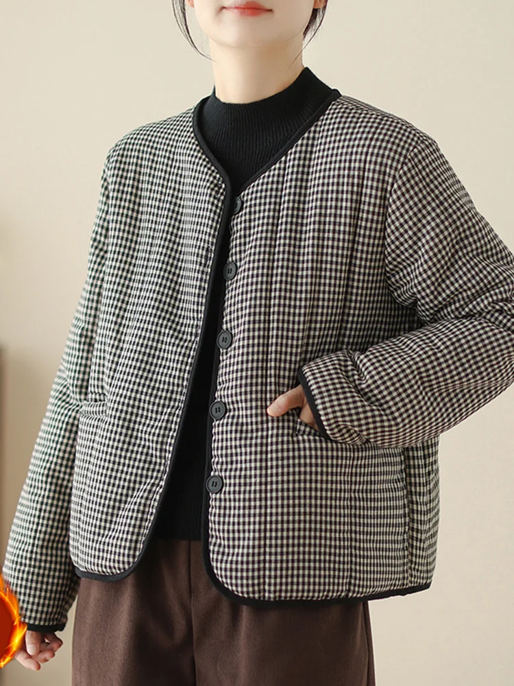 

Thiened Cotton Jaet Ретро клетчатое повседневное свободное женское пуховое хлопковое пальто Легкая зимняя верхняя одежда