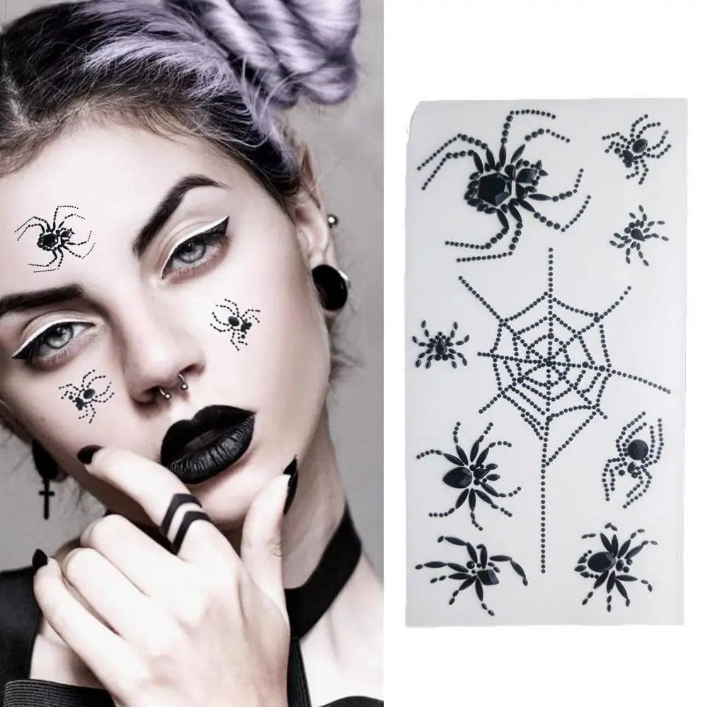 

3D Halloween Temporary Tattoos Waterproof Black Halloween Face Rhinestone Sticker Spider-themed Shiny Jewelry Face Sticker