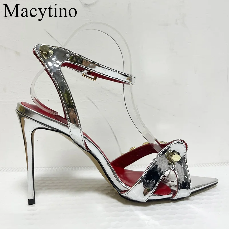 

2024 New Temperament Pointed Toe Rhinestone Straight Buckle Strap High Heels Feminine Elegant Stiletto Open-toe Sandals