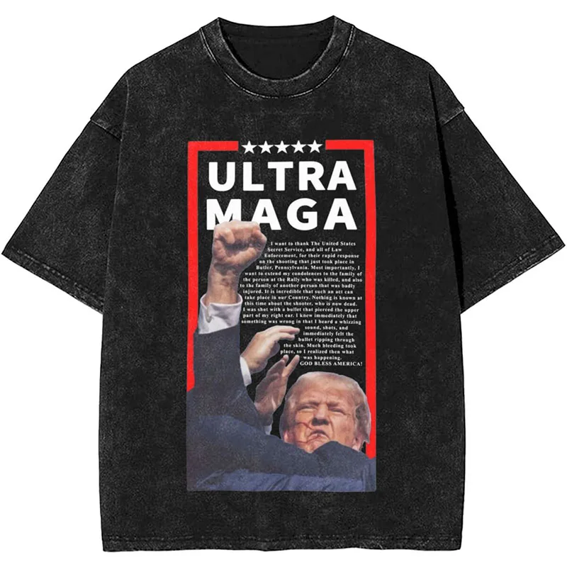 

Trump Graphic Printing Washed Distressed Shirt Outfit Donald Trump Washed Printed Tee Shirt Men Women Same Style Trendy