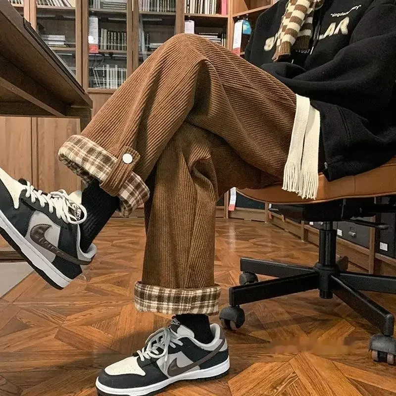 

Japanese Style Corduroy Plaid Men's Pants Wide Leg Straight Leg Loose Fit Vintage Sensibility Casual Trousers For Autumn