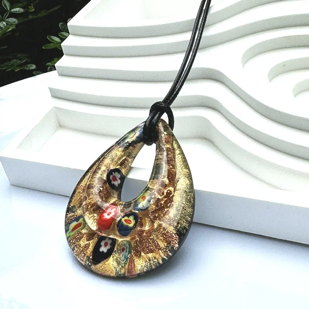 1PCS Hollow Out Colorful Green Glass Murano Lampwork Pendant Necklace For Women Floral Water Drop Swirl Cheap Items Jewelry Gif