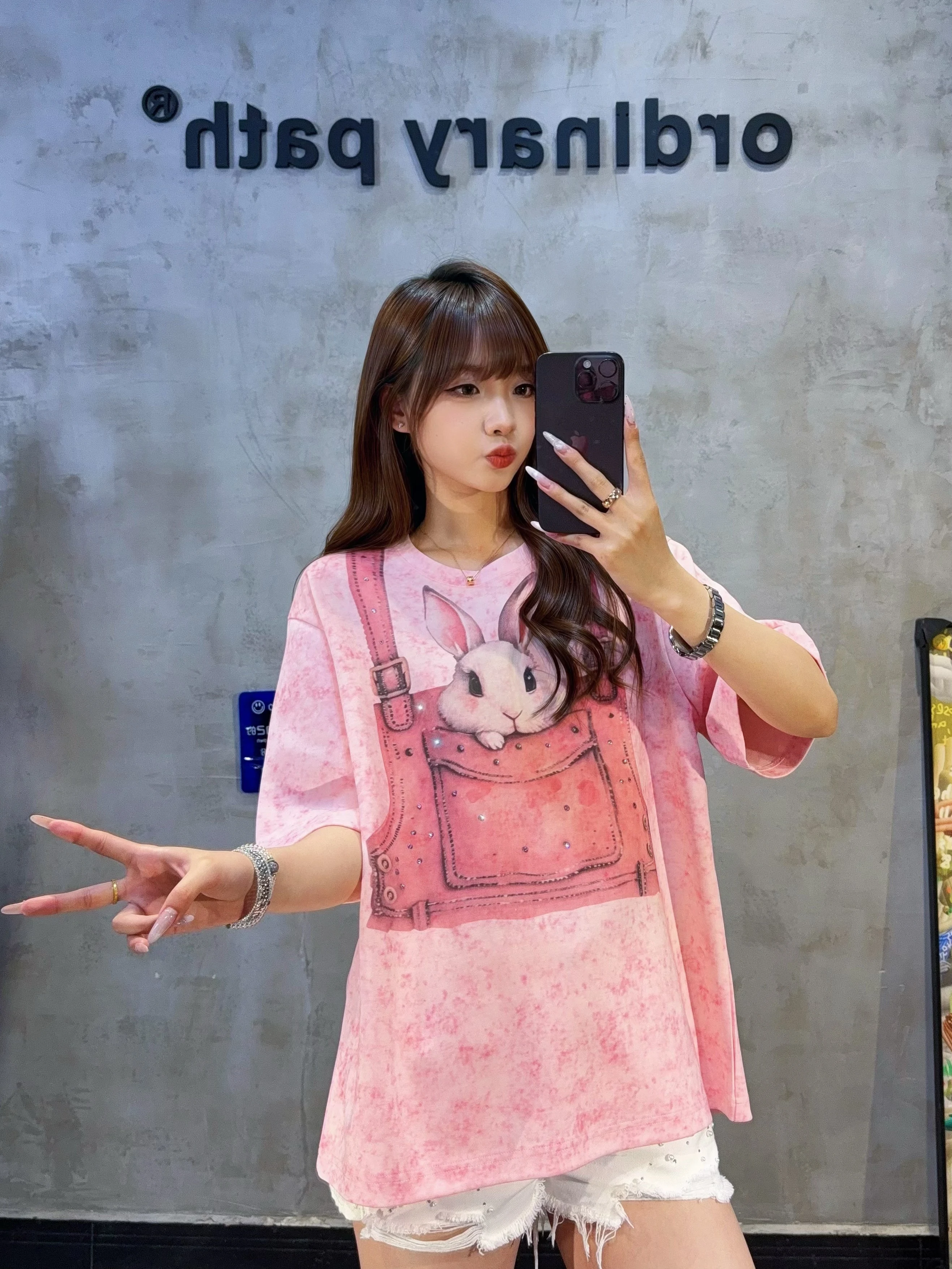 High Quality New Spring Summer Loose Short Sleeve T-shirt Cartoon Printed Hot Diamonds All-match Round Neck Sweet Cotton Tops