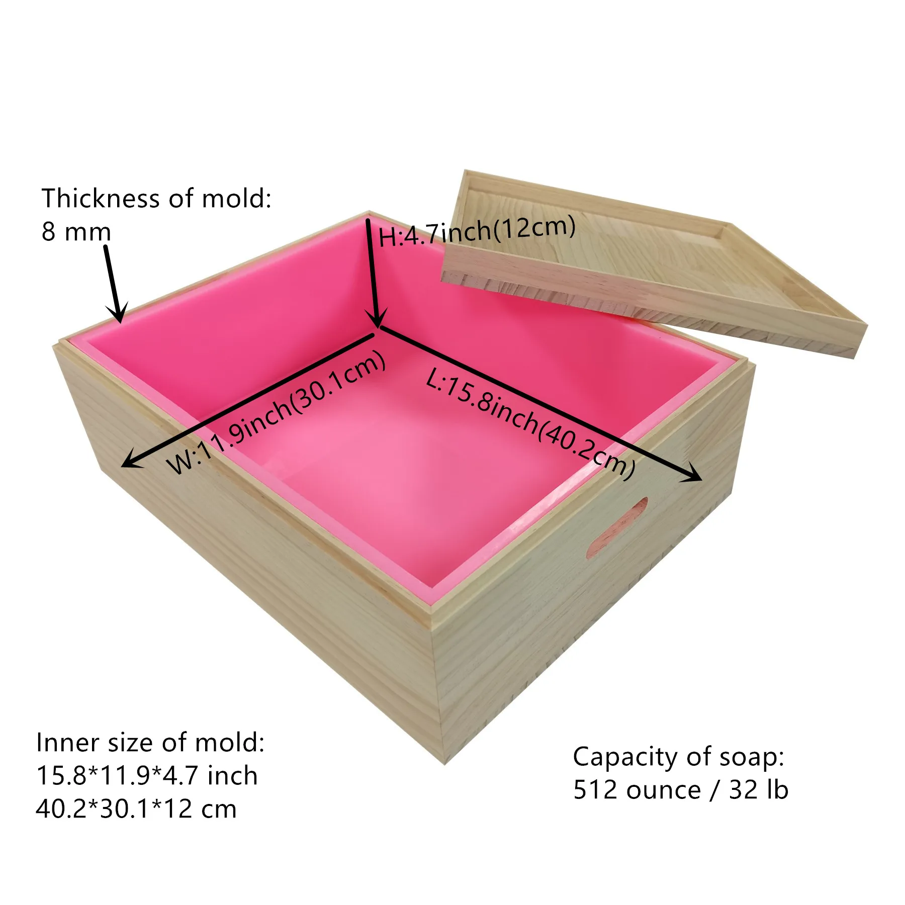 Large Size Silicone Soap Molds with Wooden Box Lid 32 lb, 512 OZ, Silicone Liner Mold Slab Mould for Cold Process Soap Making