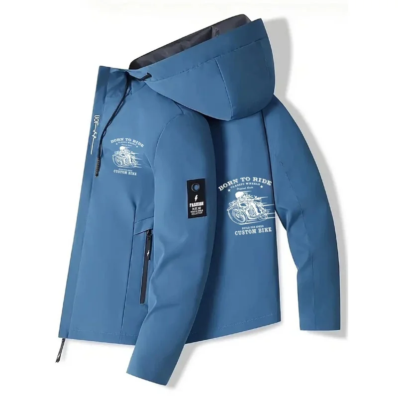 Men's Hooded Jacket, Spring-Autumn, with Biker Print, Lightweight, Windproof, Slim Fit Design.
