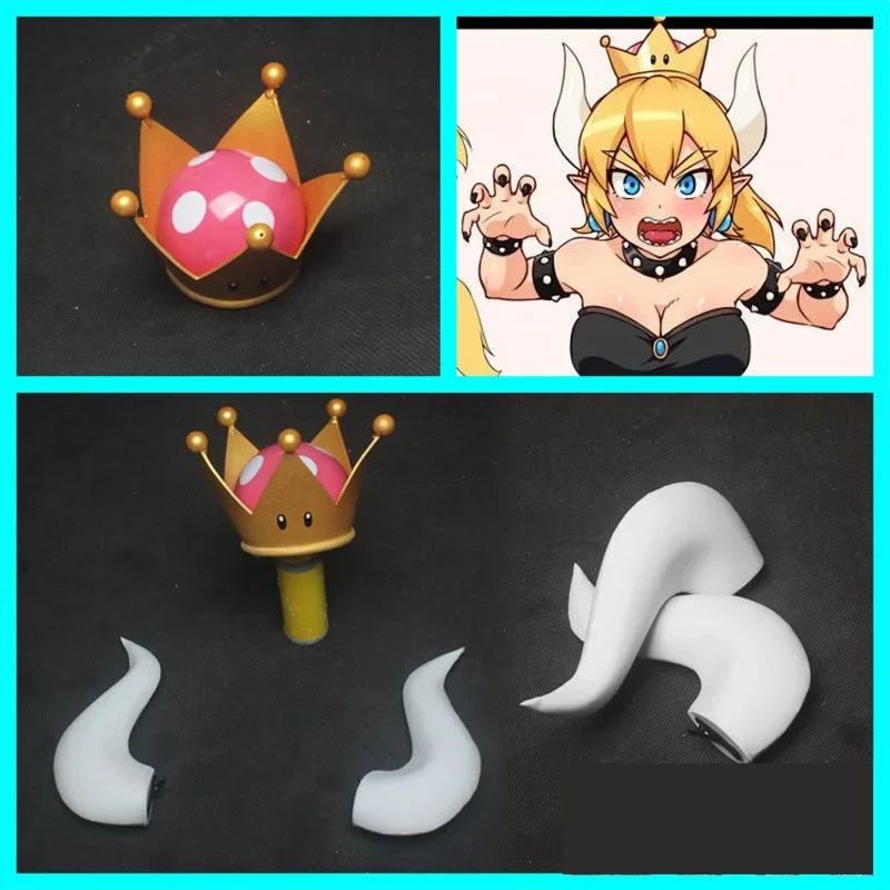 الدعائم زي تأثيري Bowsette للنساء ، Kuppa Koopa Hime ، تاج الأميرة ، الأقراط ، ذيل الأبواق ، درع الأذن ، أغطية الرأس المختنقة ، الدعائم زي الهالوين