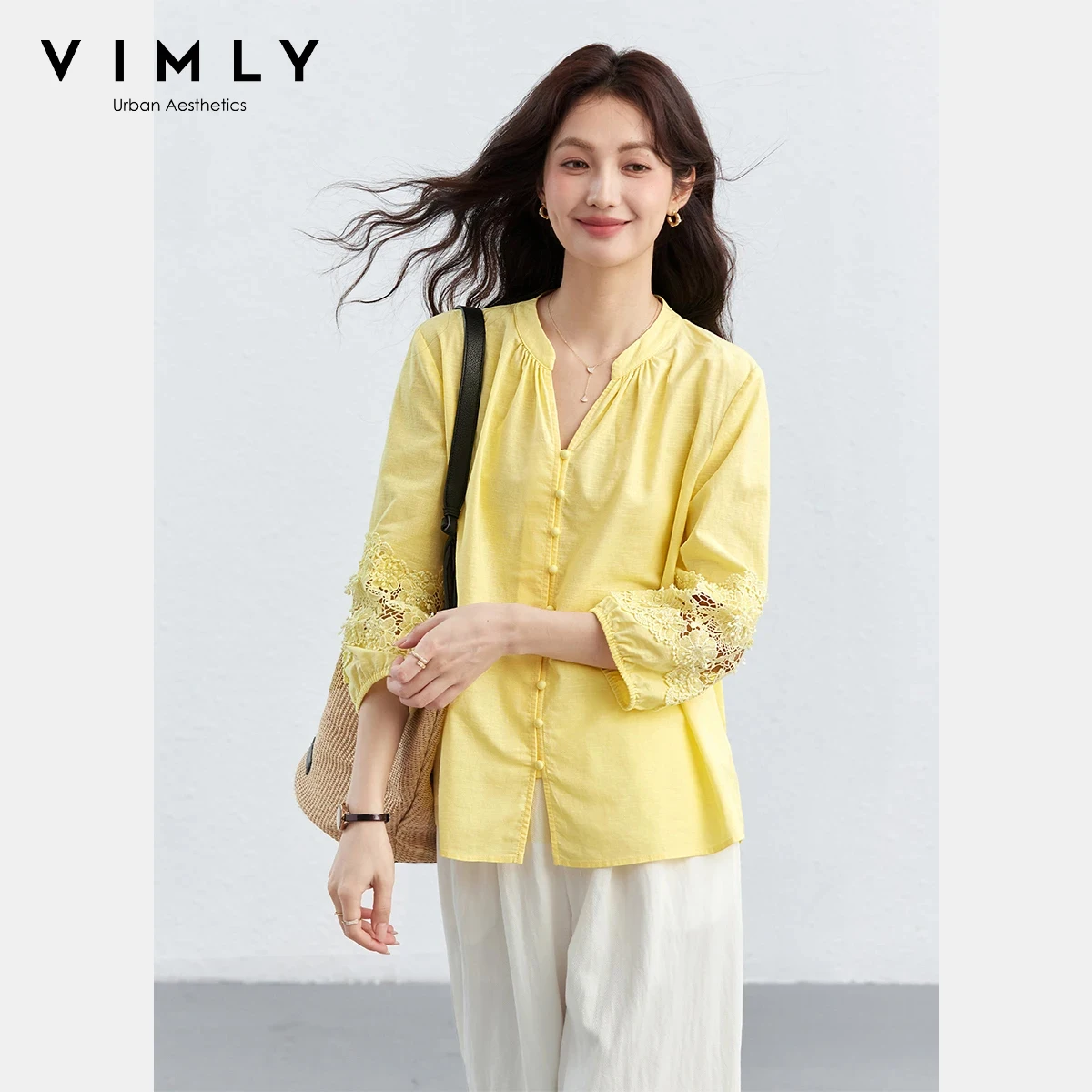 

VIMLY Women's Versatile Shirt 2026 Spring New Yellow French Stand Collar Cut Out Applique 3/4 Sleeve Casual Daily Blouse A5066