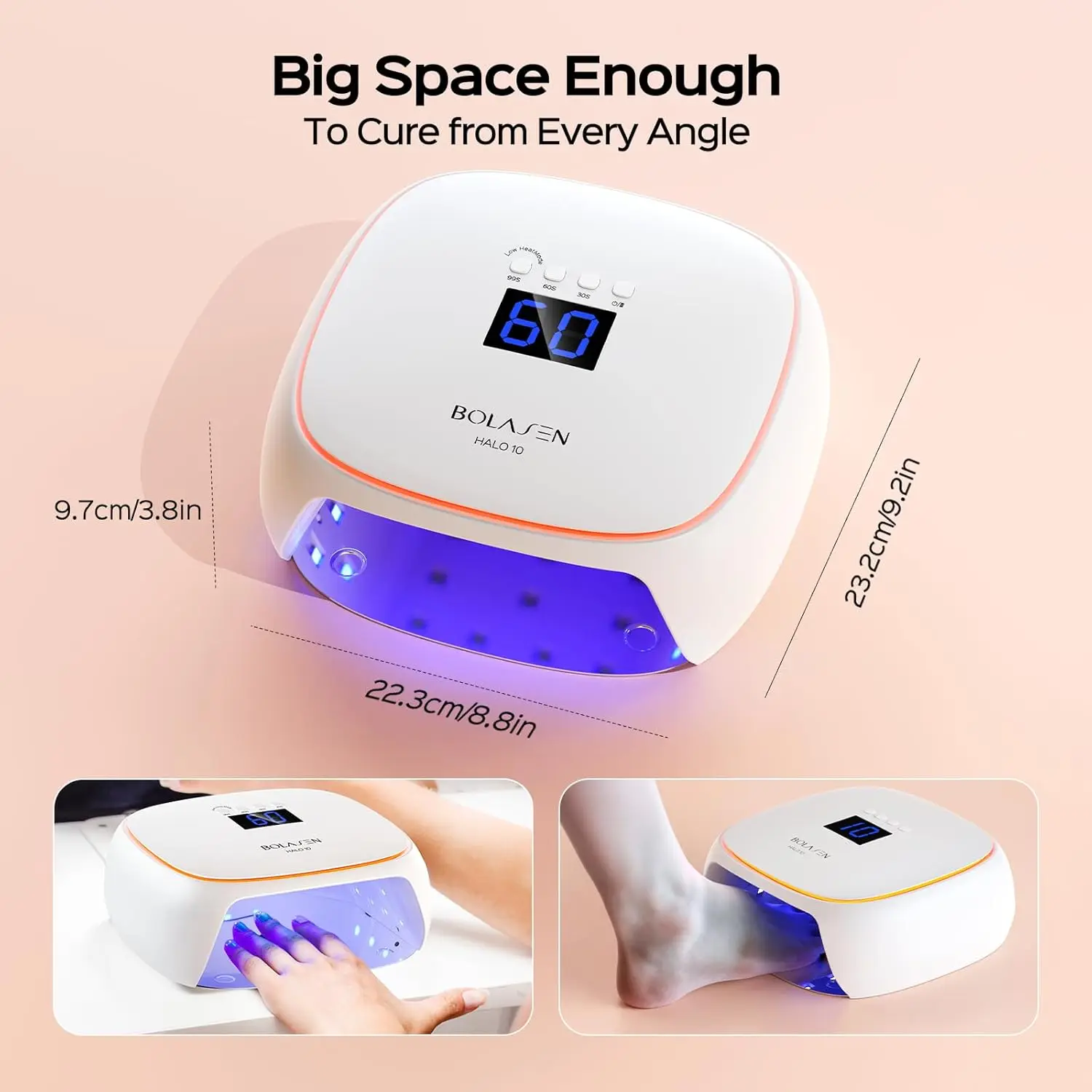 مصباح أظافر LED بالأشعة فوق البنفسجية بقدرة 60 وات مع تقنية السيراميك، معالجة سريعة بقاعدة معدنية وإضاءة محيطة