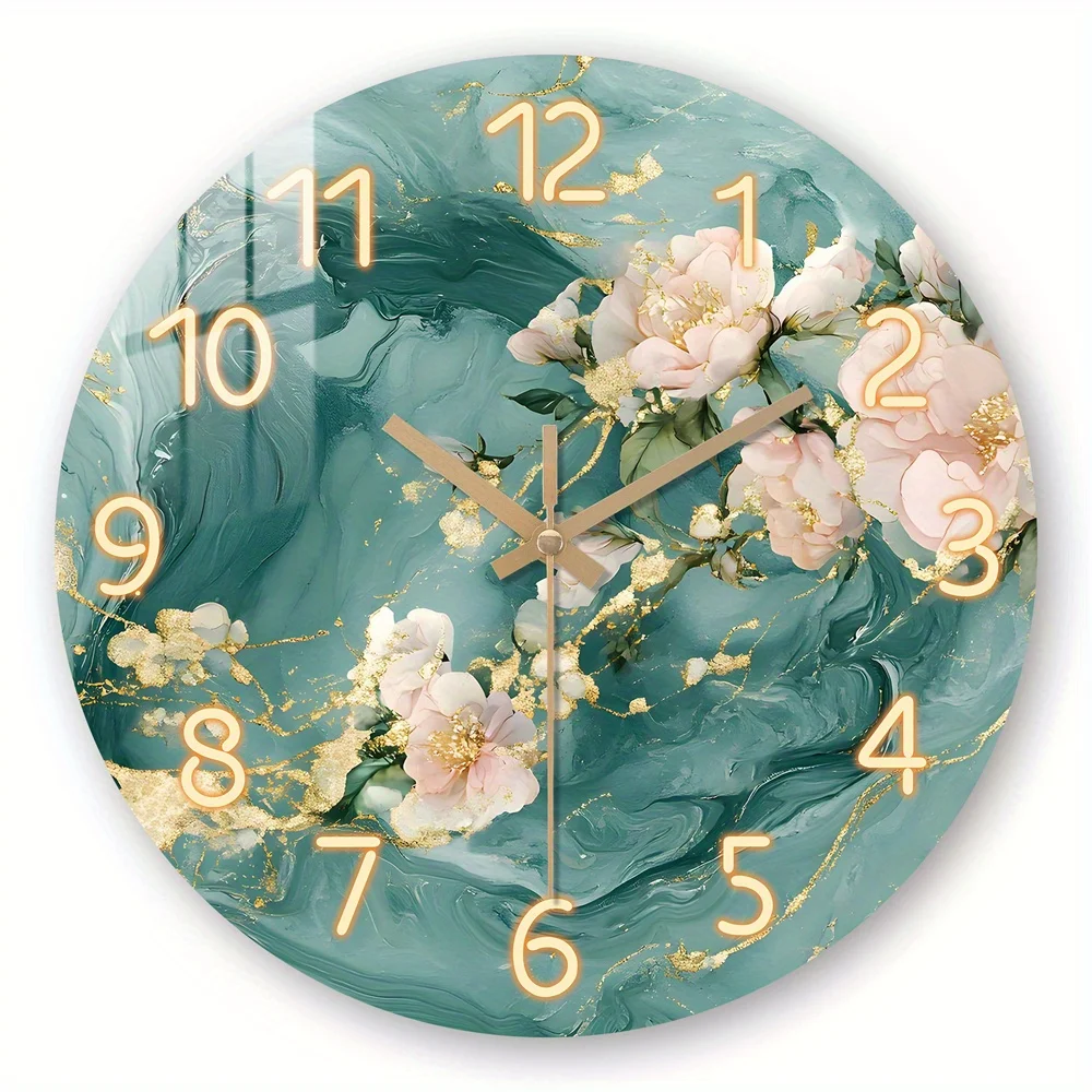 1pc, Wall Clock, Flower Theme - Teal Marble with Flowers Design Wall Clock, Tempered Film Veneer Round Silent Clock, Suitable for Living Room, Bedroom, Kitchen, Office Decoration, Home Decoration, Lovely Mother's Day Gift, Battery Powered (exclud