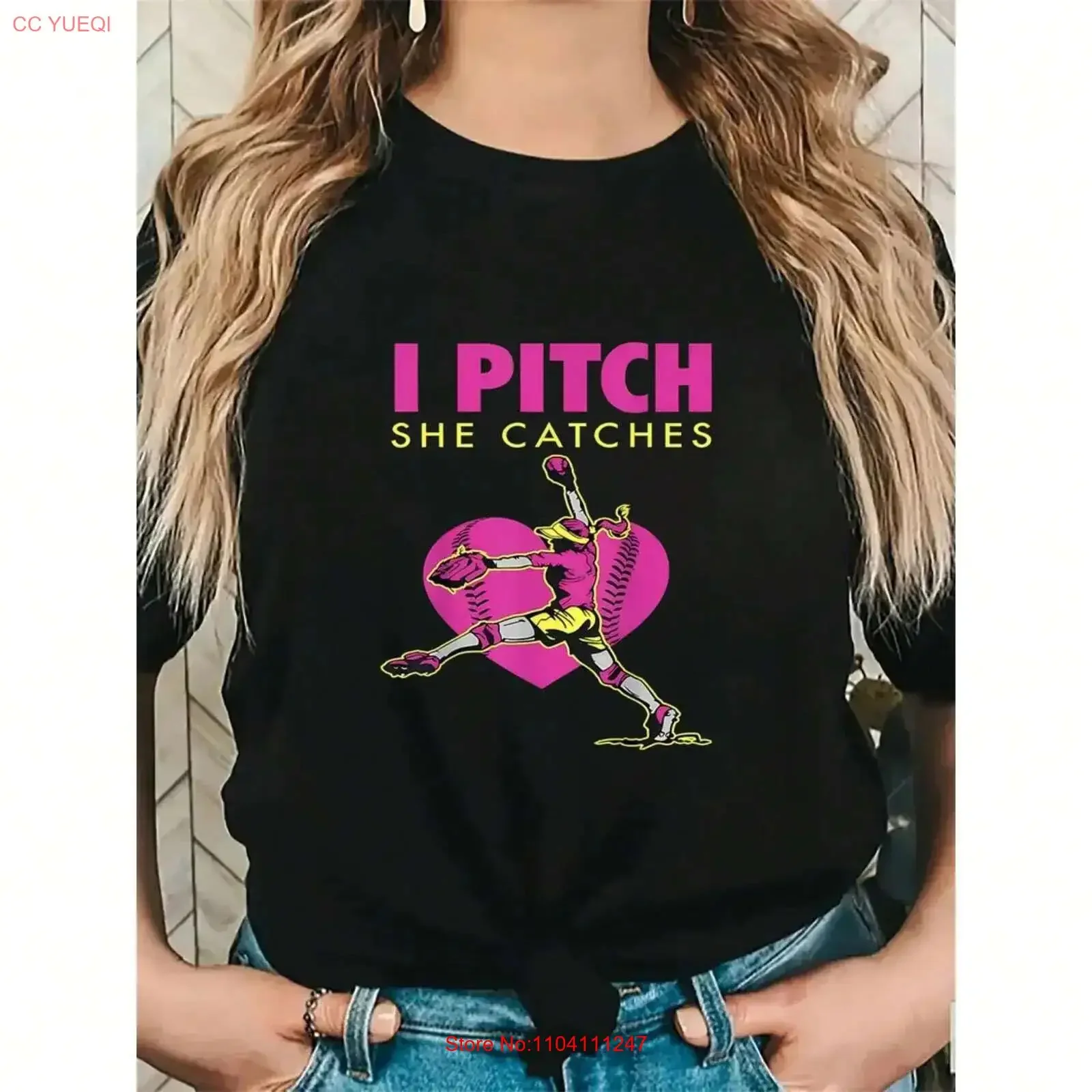 women's round neck T shirt she captures my pitching print knitted fabric vintage Washed Versatile designer clothes Stretched