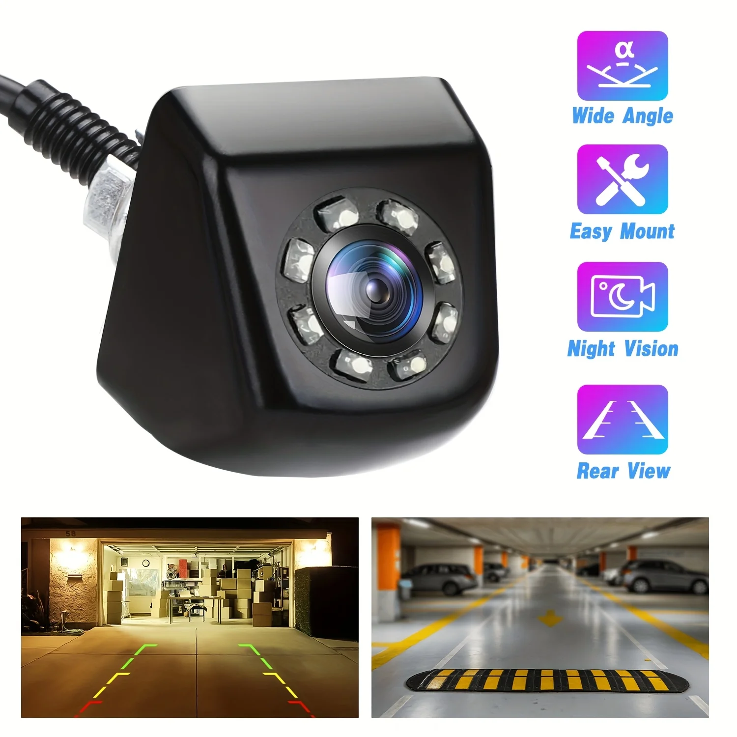 8LED HD Night Vision Wide Angle Backup Camera & Rear View Camera for Cars, Trucks, SUVs, RVs, Vans, Black Design with Multi