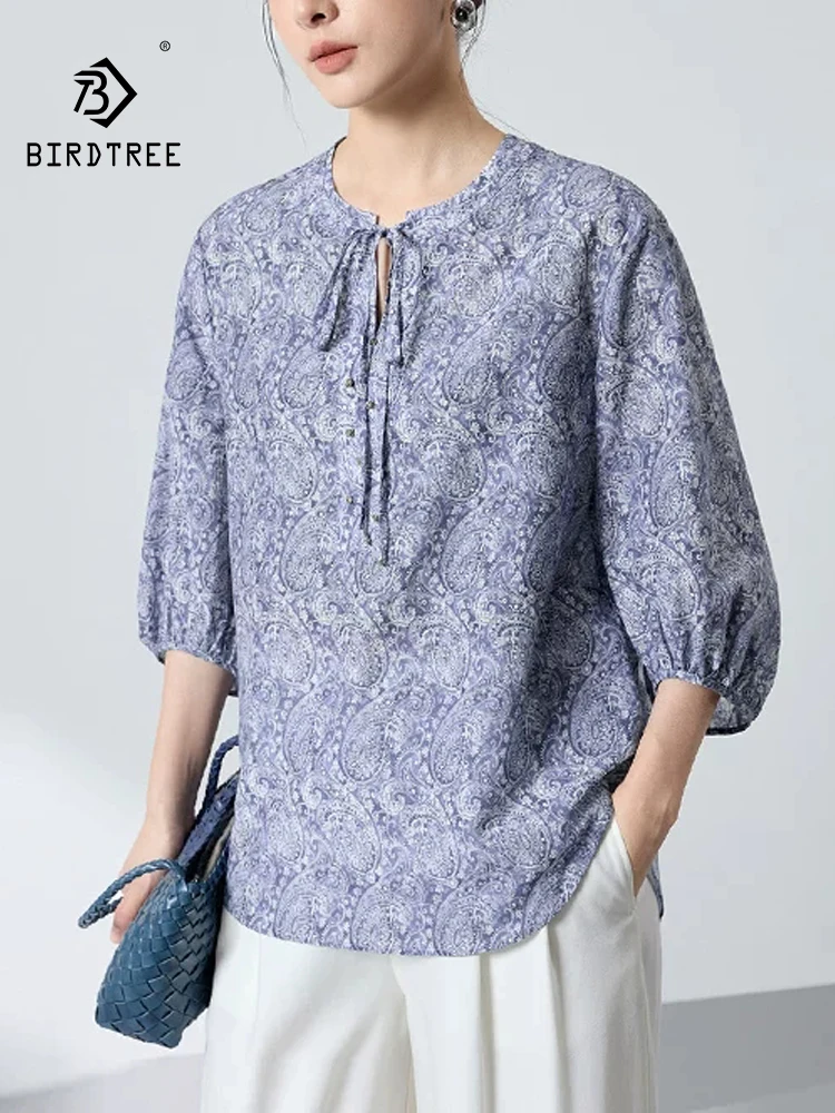 

BirdTree-12MM 27.2%Silk 72.8%Cotton Elegant Shirt, 3/4 Sleeve Print, Women Fashion Commute Loose Blouse, 2026 Summer T63741CC