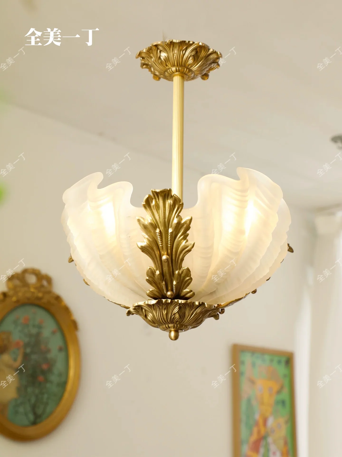 Middle aged shell glass pendant light pink French retro light luxury American bedroom dressing room lighting fixtures