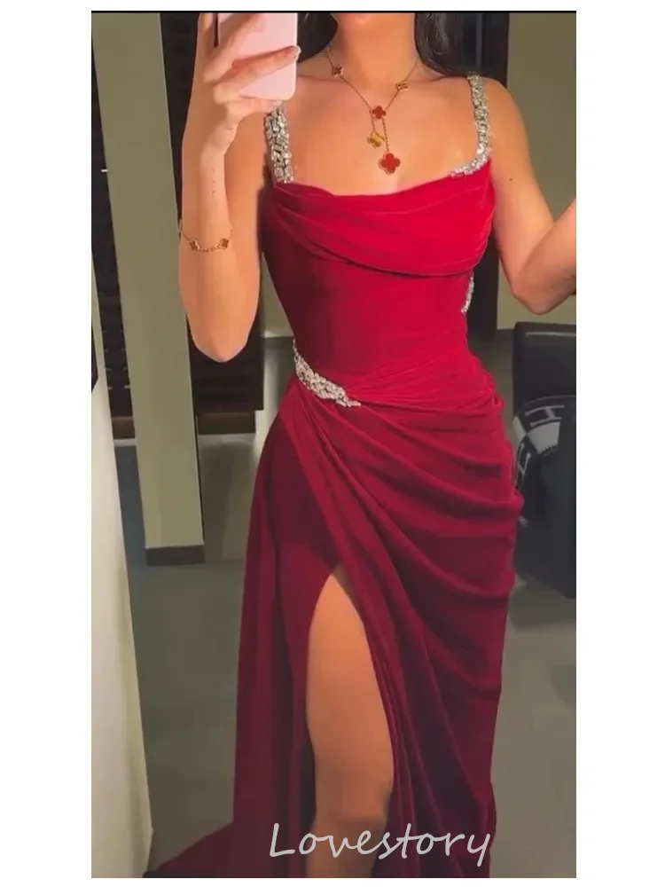 Customized Burgundy Velour Prom Dresses Spaghetti Strap Beaded Embroidery Evening Dress Side Slit Long Maid of Honor Party Gown