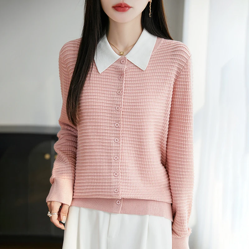 Classic Autumn Women's Wool Cardigan Round Neck Long Sleeve Solid Color Knitted Sweater Soft High Quality Basic Loose Top