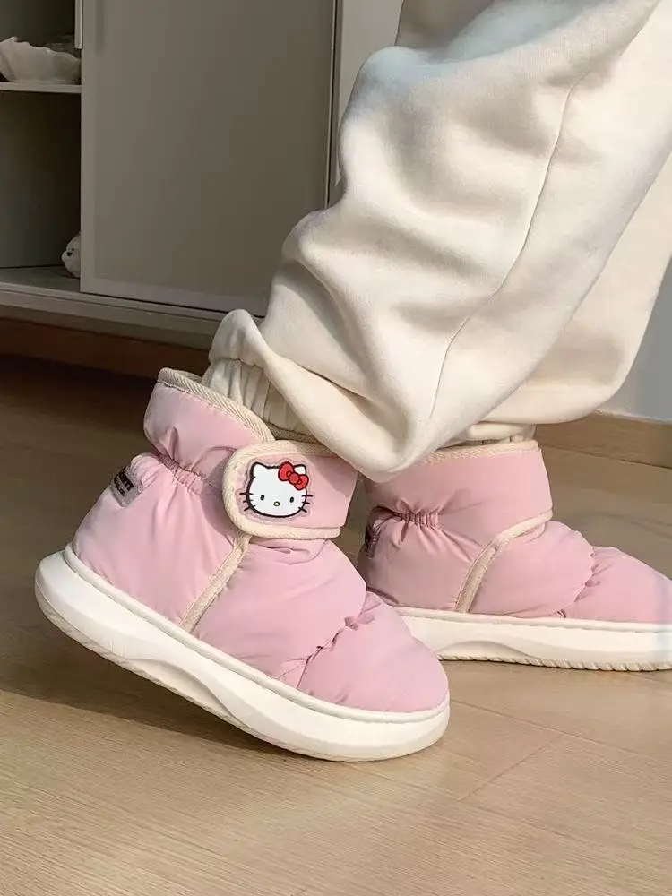 

real photos 2025 autumn winter new hello kitty Cartoon Cute Leisure pink sprots women Girl flats warm fleece brushed snow boots
