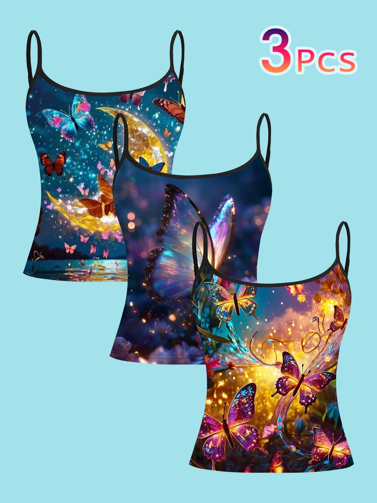 3-Piece Set of Dreamy Butterfly Crescent Moon Star Print Thin Camisole Tops, Blue-Purple Gold Speckled Butterfly Slim-Fit Sleeveless Tops, Romantic and Beautiful Inner Wear and Outerwear Base Shirts