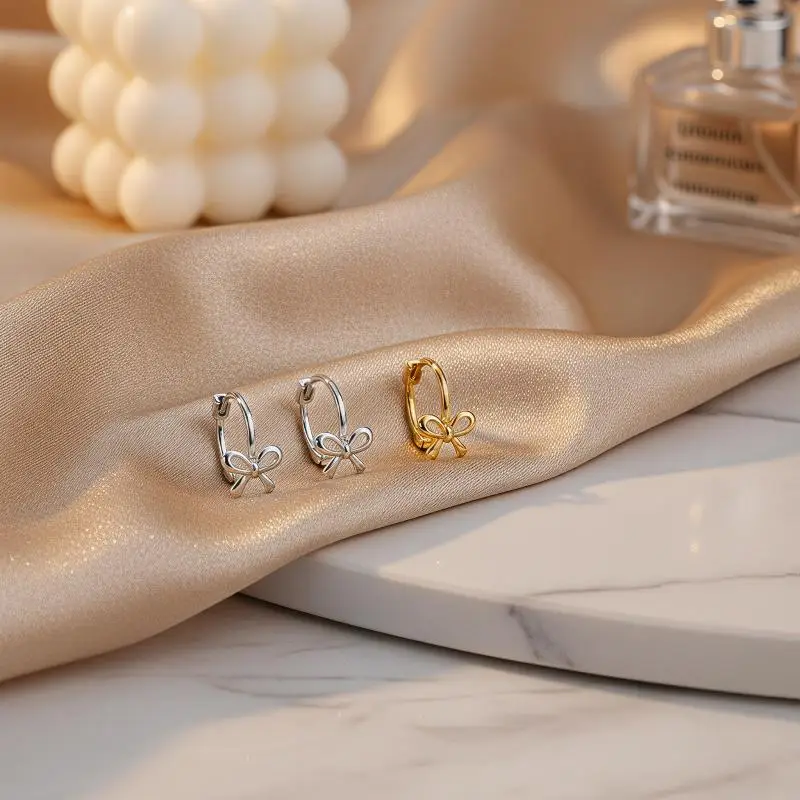Mini Bow Hoop Earrings Hypoallergenic Versatile Silver Gold Shades for Bridesmaid Wedding Favor Gift
