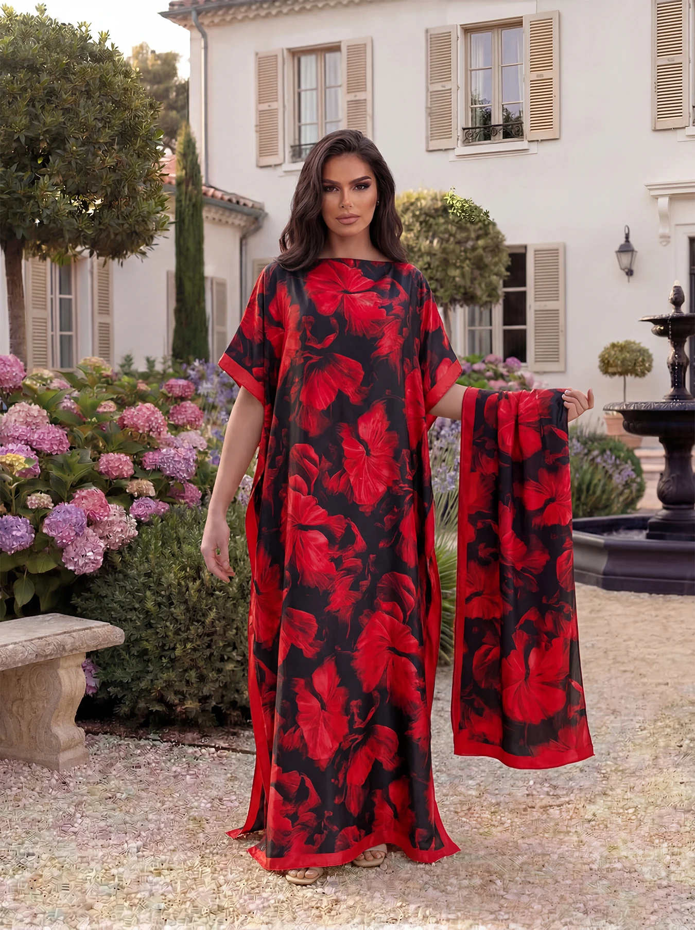 Boho Large Leaf Floral Print Satin Abaya Scarf Set, Loose Batwing Maxi Kaftan For Muslim Women Summer Beach Daily Holiday Wear view 4