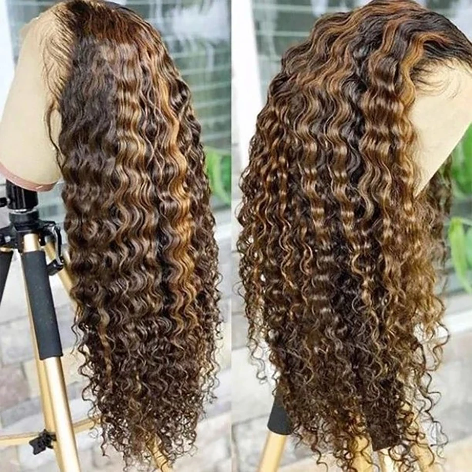 Ombre Lace Frontal Wig para Mulheres, Perucas de Cabelo Humano Onda Profunda, Cabelo Brasileiro, Fecho de Destaque, 13x4, 4 27 Colorido, 30\