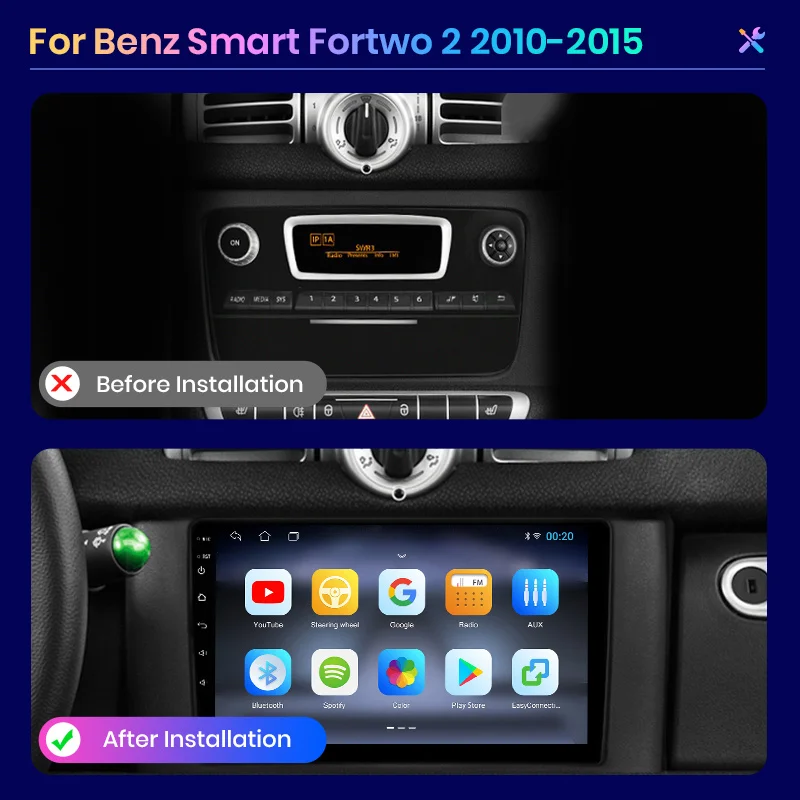 For Mercedes Benz Smart Fortwo 451 2005-2010 Wireless CarPlay Apple Android Auto Car Radio GPS RDS WiFi BT 4G Multimedia Stereo