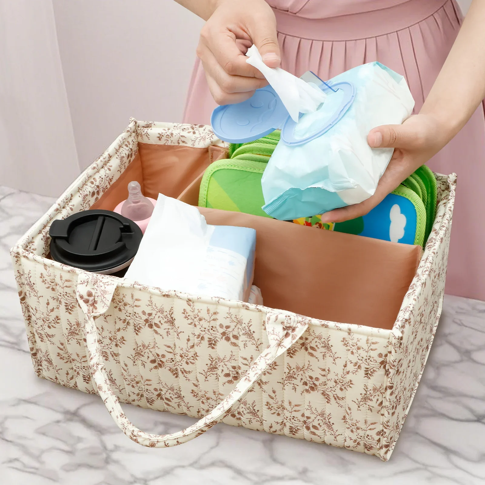 Floral Diaper Caddy Organizer with Handles and Removable Dividers Portable Nursery Storage Basket Versatile Baby Storage Basket
