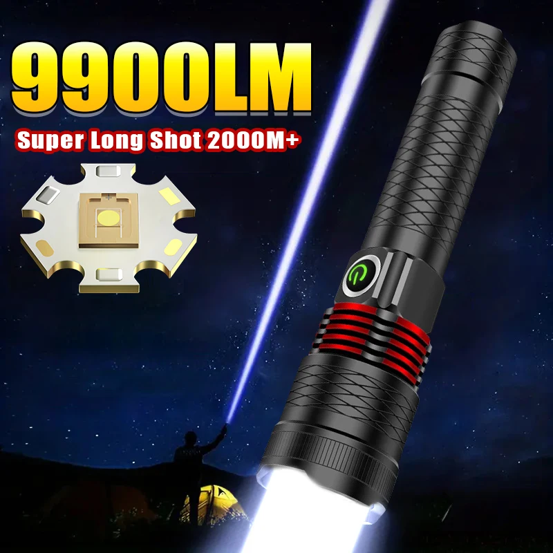 Senter Laser Putih 9000LM LED, senter daya tinggi dapat diisi ulang USB jarak jauh 2000M, senter taktis lentera berkemah