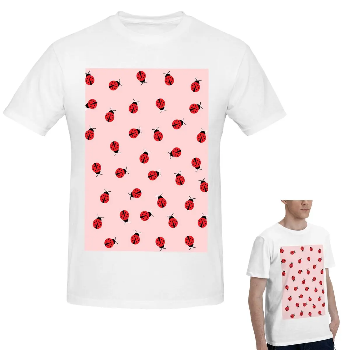 

100% хлопок, милая футболка с рисунком божьей коровки на розовом фоне, мужская забавная футболка большого размера, мужские летние рубашки с круглым вырезом, топы, S-6XL