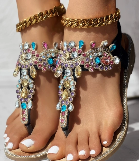 Bohemia Sandals Women 2024 Fashion Rhinestone Clip Toe Wedge Sandals Women's Non Slip Sole Beach Sandals