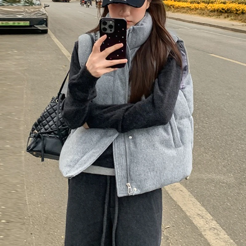 

2025 Autumn Winter New Grey Woolen Fabric High-end Feeling Slimming Thick Down Cotton Jacket Women's Outerwear Vest