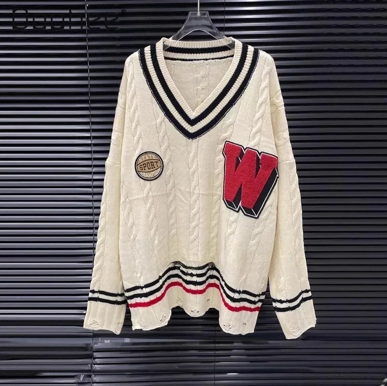 

Осень 2022, новый пуловер для женщин, свободный вязаный топ средней длины с v-образным вырезом и украшением в виде буквенных полосок, свитер большого размера