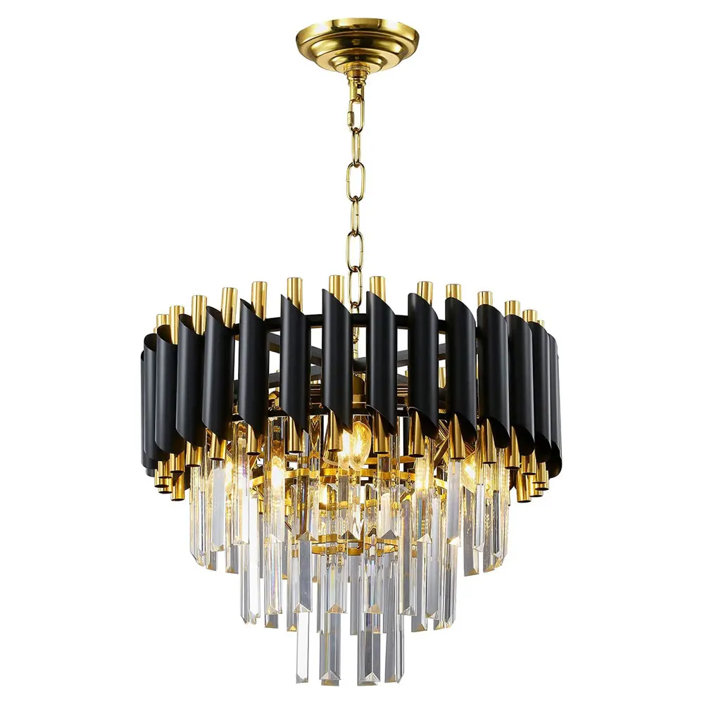 Modern Crystal 3-Tier Chandelier Black and Gold Chandeliers for Dining Room Bedroom Living Room,E12*4 Ø15.74 inch