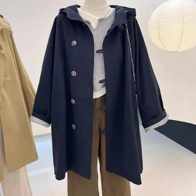 

plus Size 300 Pou Big Women's Autumn Hooded Windbreaker Jaet Loose Workwear Vintage High-End Feeling Mid-Length Coat