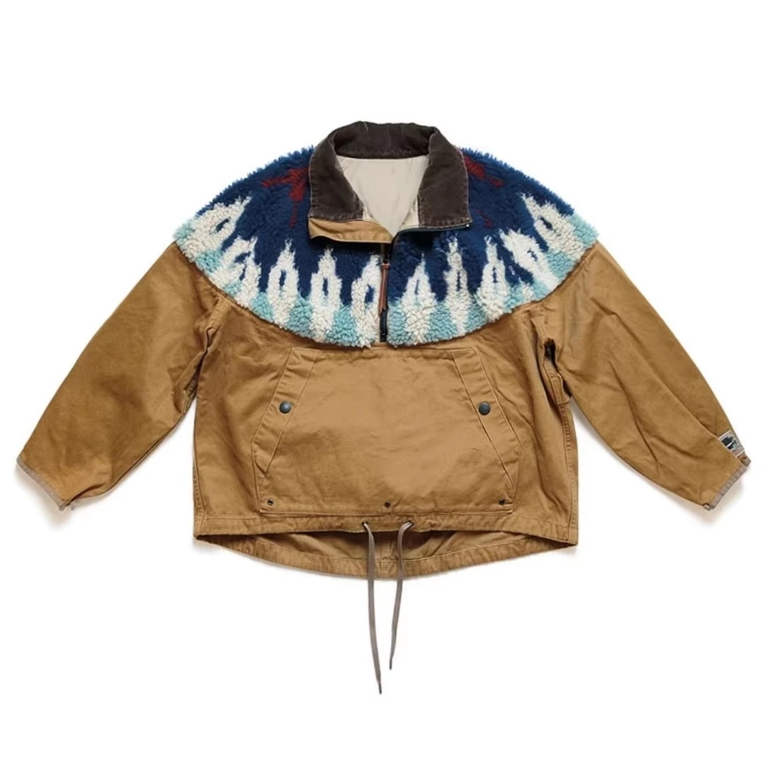 

Hirata Hohiro Lamb Fleece Splicing Half High Collar Cargo Jacket Men Autumn Winter Casual Thicken Fluffy Fleece Coat Male Female