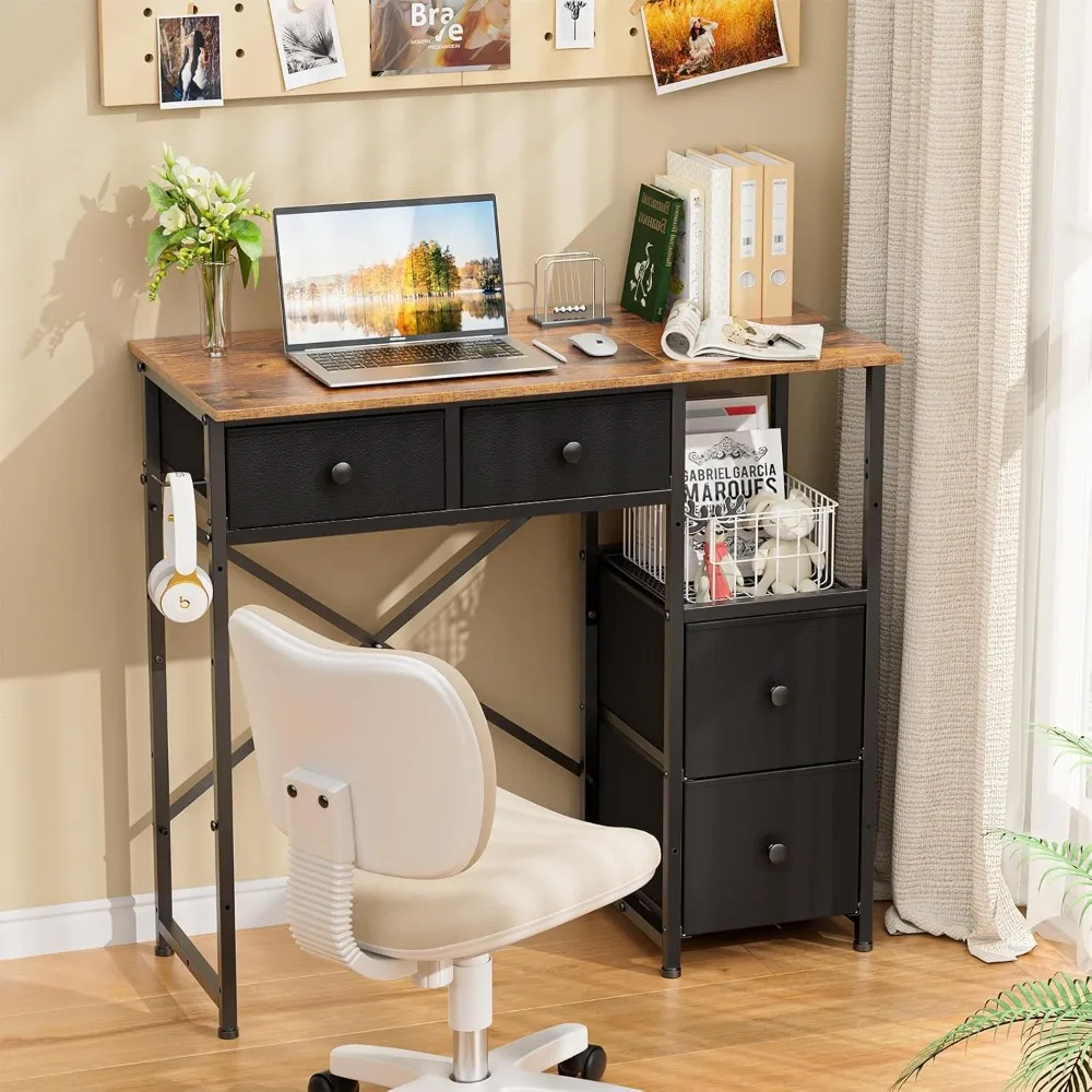 Small Computer Desk with 4 Fabric Drawers, Simple Writing Desk for Home Office, Compact Study Desks for Small Spaces, Kids Desk