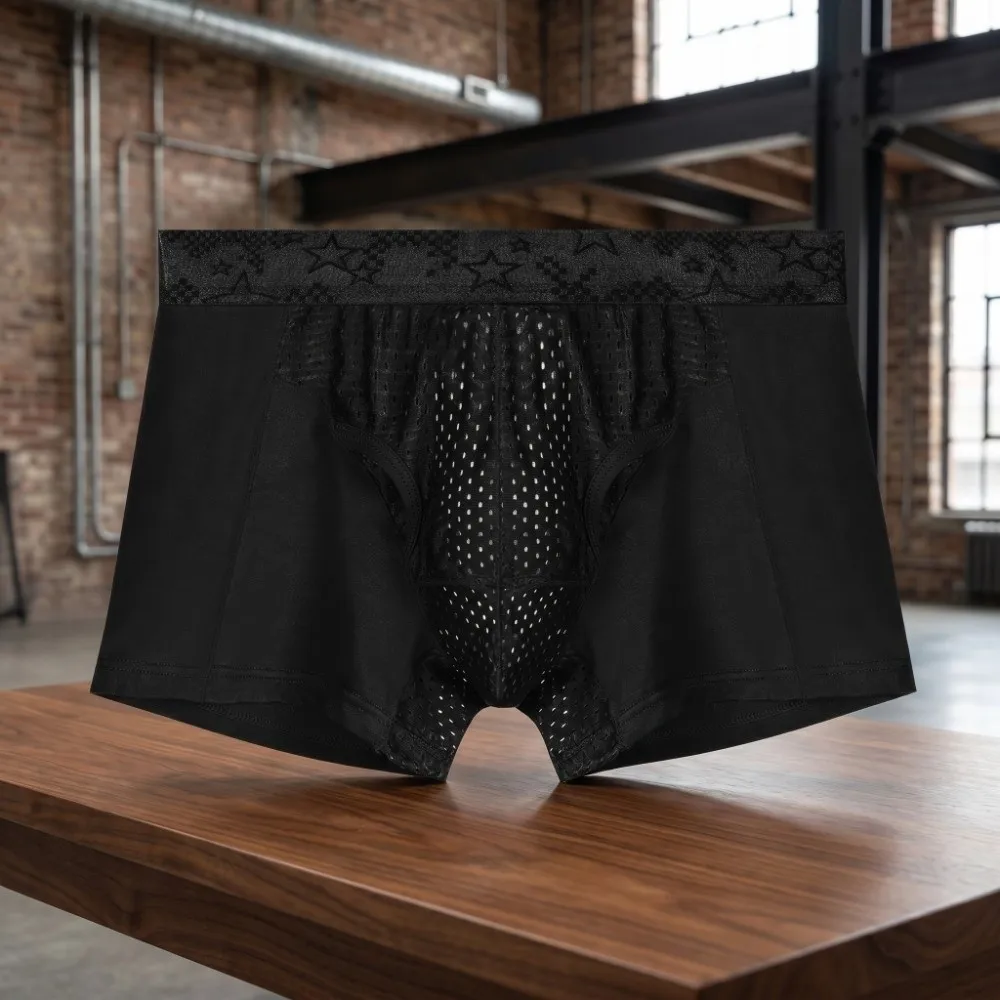 Quick-Drying Men's Mesh Boxer Briefs Separation Four-Way Stretch Male Ice Silk Panties Thin Mesh Split Design Underwear for Man