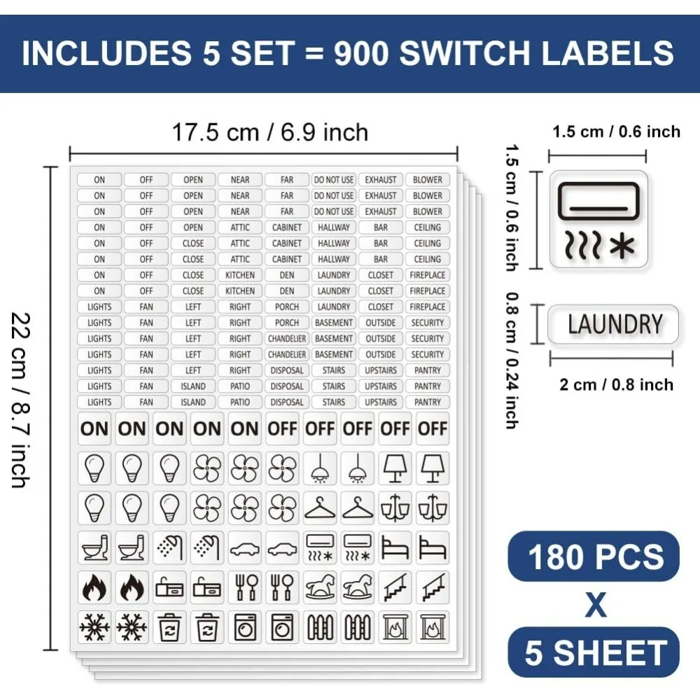 900 Pcs Light Switch Labels 57 Designs Transparent Switch ID Blue Switchboard Label Decals Home Kitchen Bathroom Office School