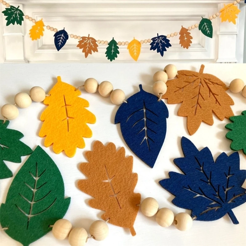 Autumn Themed Felt Banners With Wooden Beads Seasonal Wall Hanging Decors