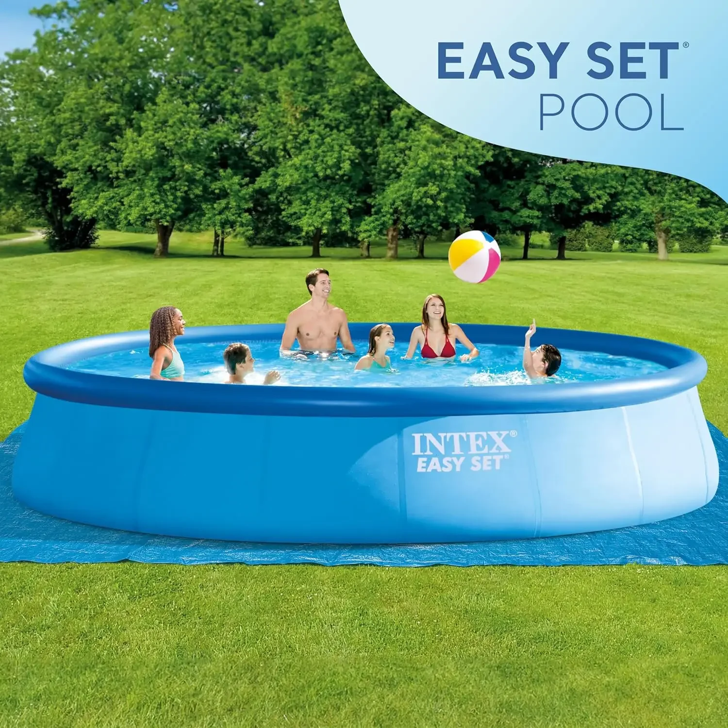 Feet by 48 Inch Round Outdoor Backyard Inflatable Swimming Pool Set with Cover, Ladder, and Filter for Pools Above Ground, Blue