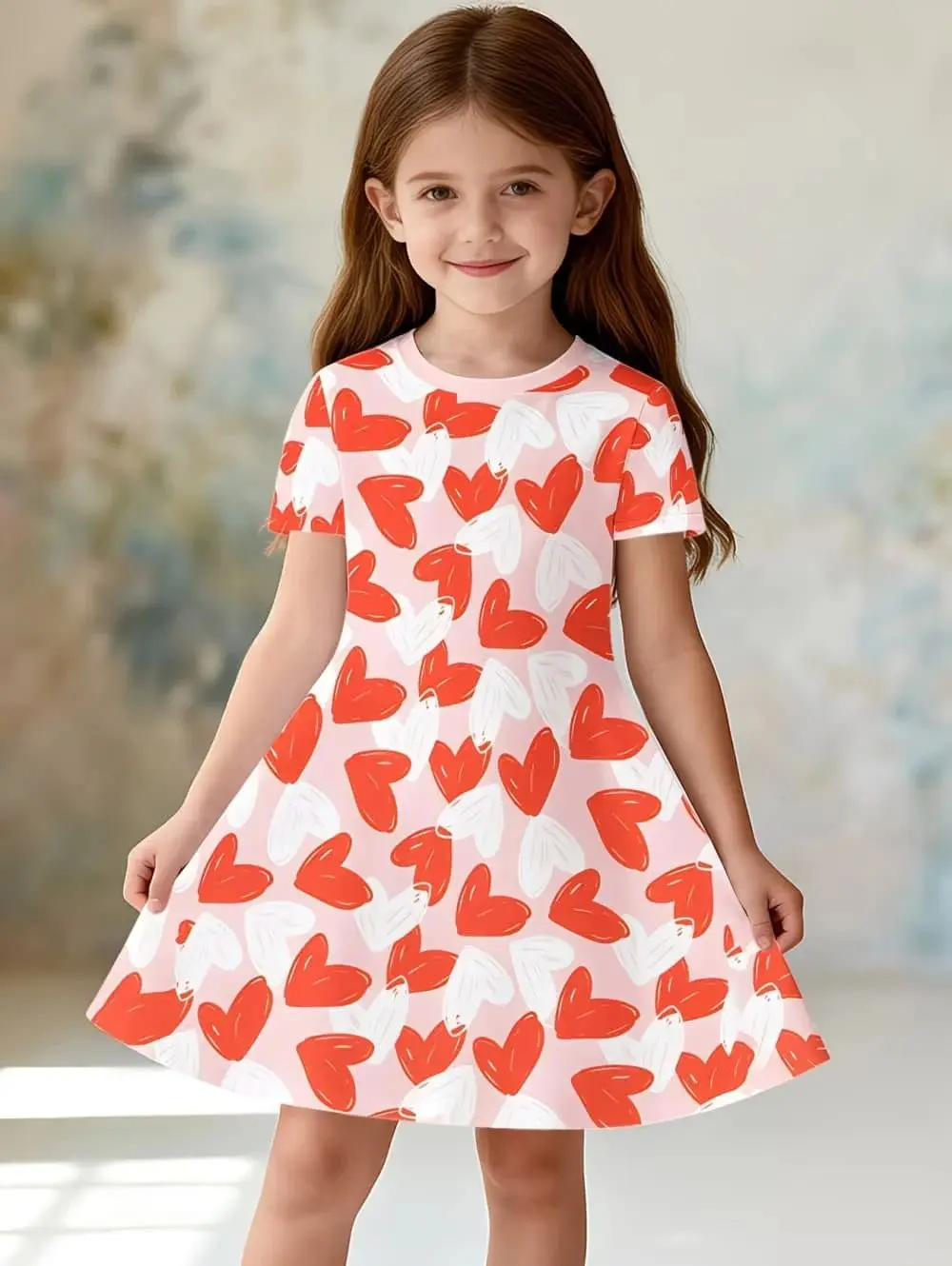 Girl Dresses Short Sleeve Summer Dress Bowknot Heart Print Hawaiian Vacation Beachwear Dress Outfits Bonfire Girls Party Dresses
